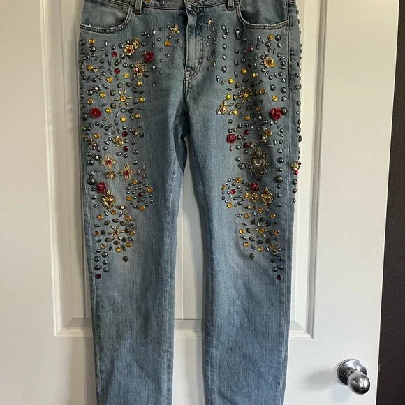 🤩 Dolce & Gabbana Crystal Roses Heart Embellished Jeans Authentic Sz 44 US 8/10 - Picture 3 of 16